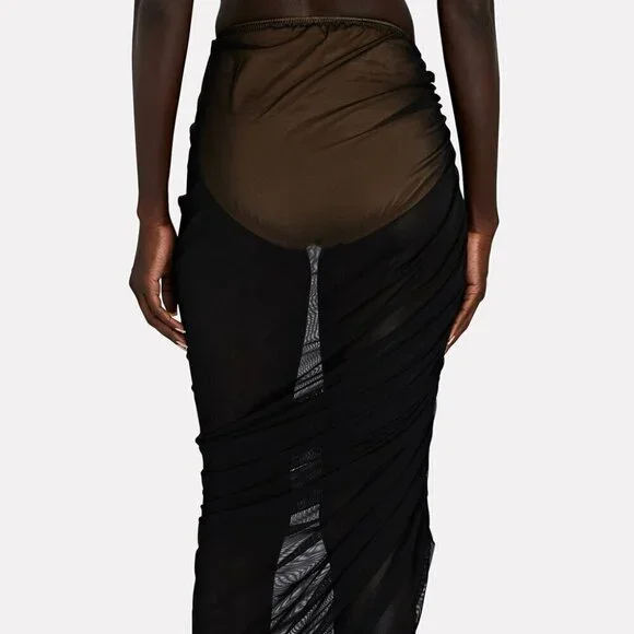 Norma Kamali Diana Ruched Mesh Maxi Skirt Black Nude - Picture 9 of 9